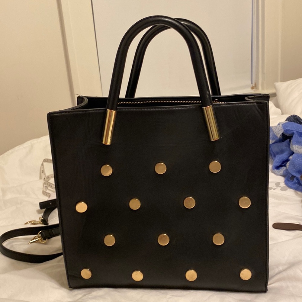 Neiman Marcus black and gold polka dotted shoulder bag
